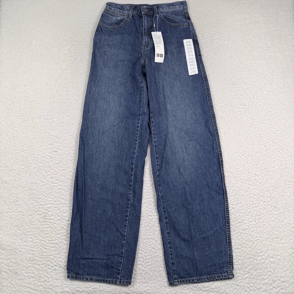 Uniqlo Jeans Men 24x32 Wide Barrel Leg Relaxed Baggy Blue Medium Wash Cotton NWT
